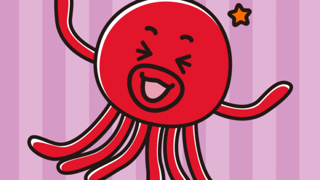 喜ぶタコちゃんのイラスト【色、背景あり】PNG