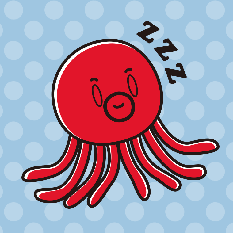 眠るタコちゃんのイラスト【色、背景あり】PNG