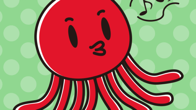 口笛を吹くタコちゃんのイラスト【色、背景あり】PNG