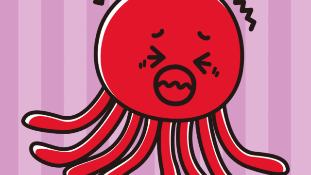 ブルブル震えるタコちゃんのイラスト【色、背景あり】PNG