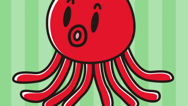 何かに気付くタコちゃんのイラスト【色、背景あり】PNG