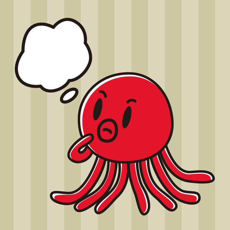 考えるタコちゃんのイラスト【色、背景あり】PNG