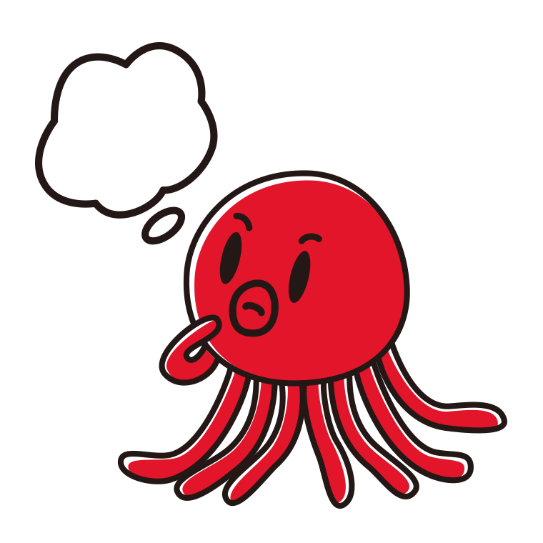 考えるタコちゃんのイラスト【色あり、背景なし】透過PNG