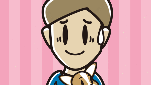 犬を抱いて苦笑いする男性のイラスト【色、背景あり】PNG