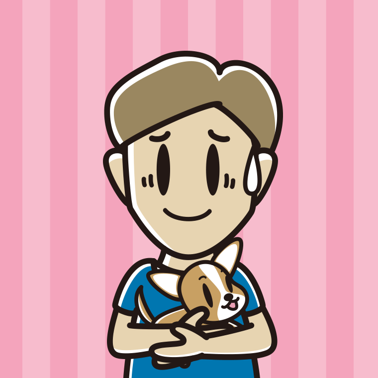 犬を抱いて苦笑いする男性のイラスト【色、背景あり】PNG