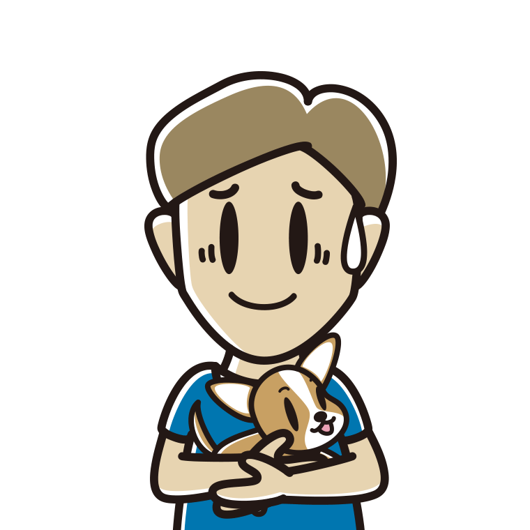 犬を抱いて苦笑いする男性のイラスト【色あり、背景なし】透過PNG