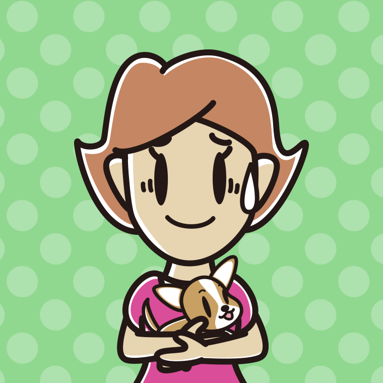 犬を抱いて苦笑いする女性のイラスト【色、背景あり】PNG