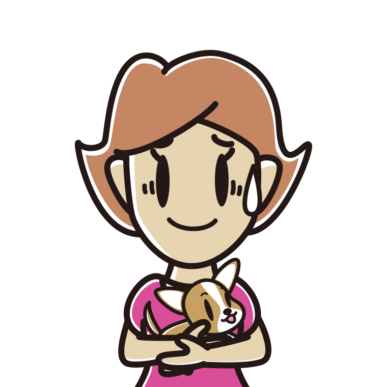 犬を抱いて苦笑いする女性のイラスト【色あり、背景なし】透過PNG