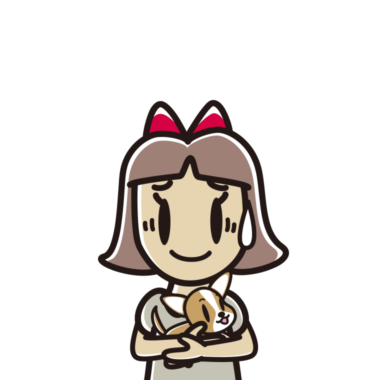 犬を抱いて苦笑いする小学生女子のイラスト【色あり、背景なし】透過PNG