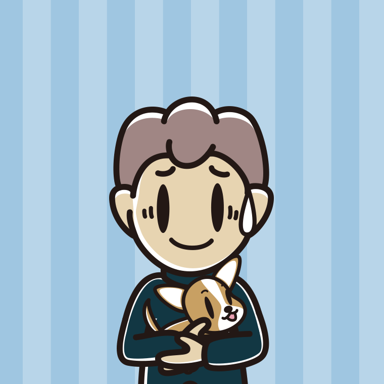 犬を抱いて苦笑いする男子中学生のイラスト【色、背景あり】PNG