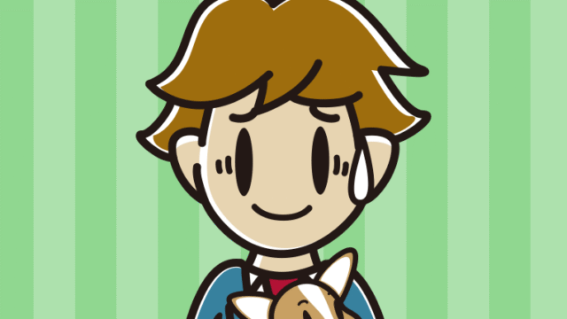 犬を抱いて苦笑いする男子高校生のイラスト【色、背景あり】PNG