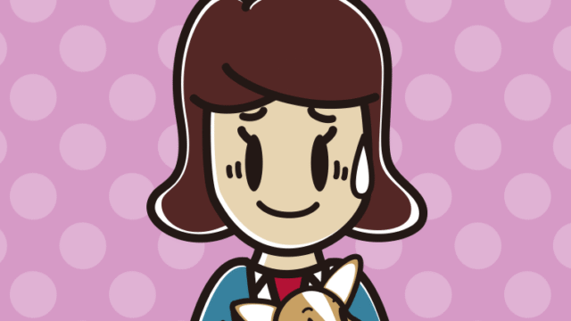 犬を抱いて苦笑いする女子高校生のイラスト【色、背景あり】PNG