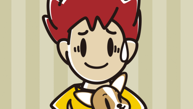 犬を抱いて苦笑いする男子大学生のイラスト【色、背景あり】PNG