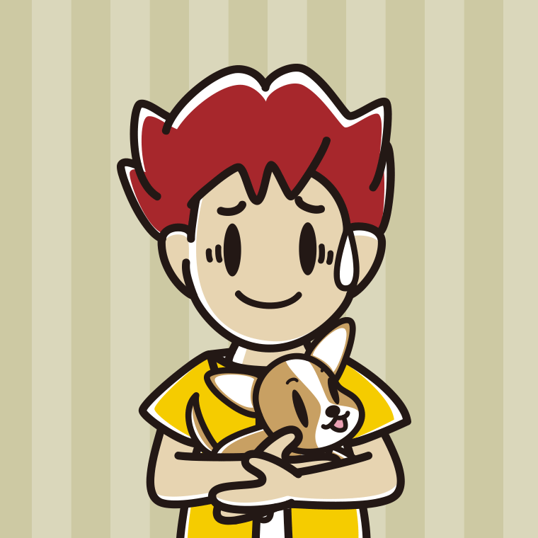 犬を抱いて苦笑いする男子大学生のイラスト【色、背景あり】PNG