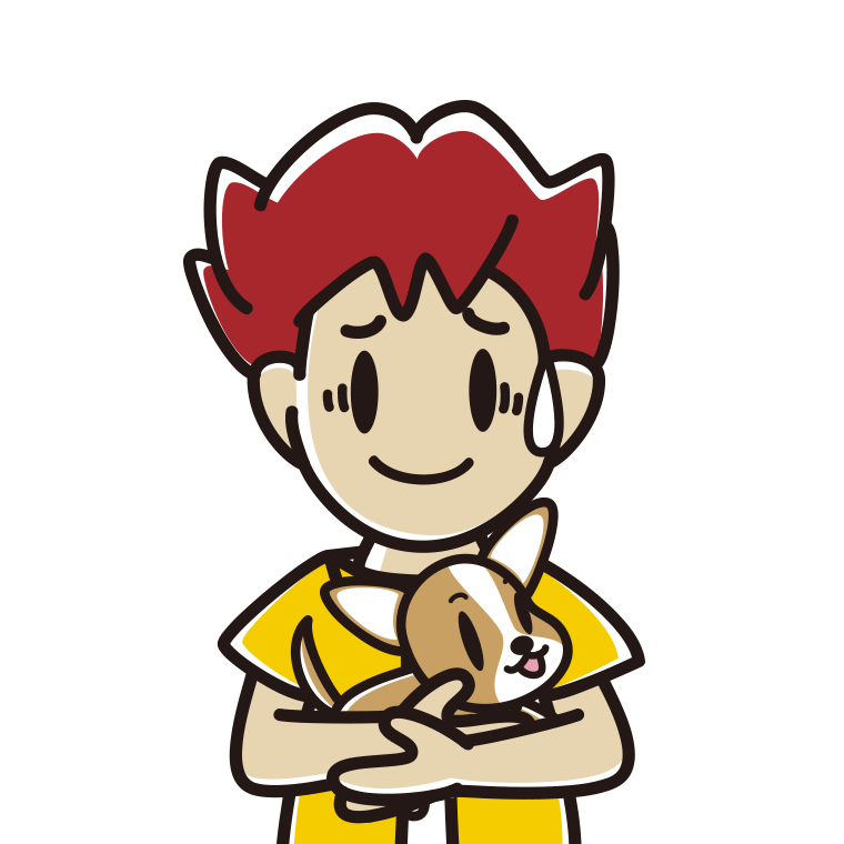 犬を抱いて苦笑いする男子大学生のイラスト【色あり、背景なし】透過PNG