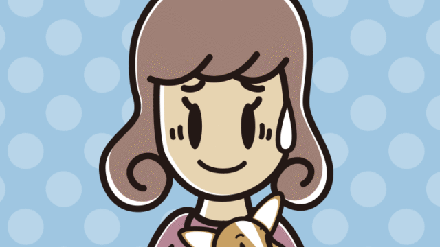 犬を抱いて苦笑いする女子大学生のイラスト【色、背景あり】PNG