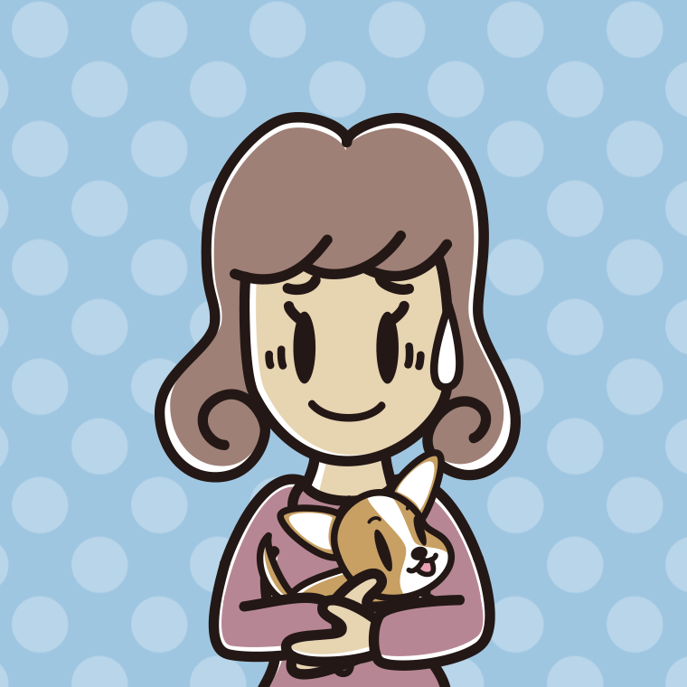 犬を抱いて苦笑いする女子大学生のイラスト【色、背景あり】PNG