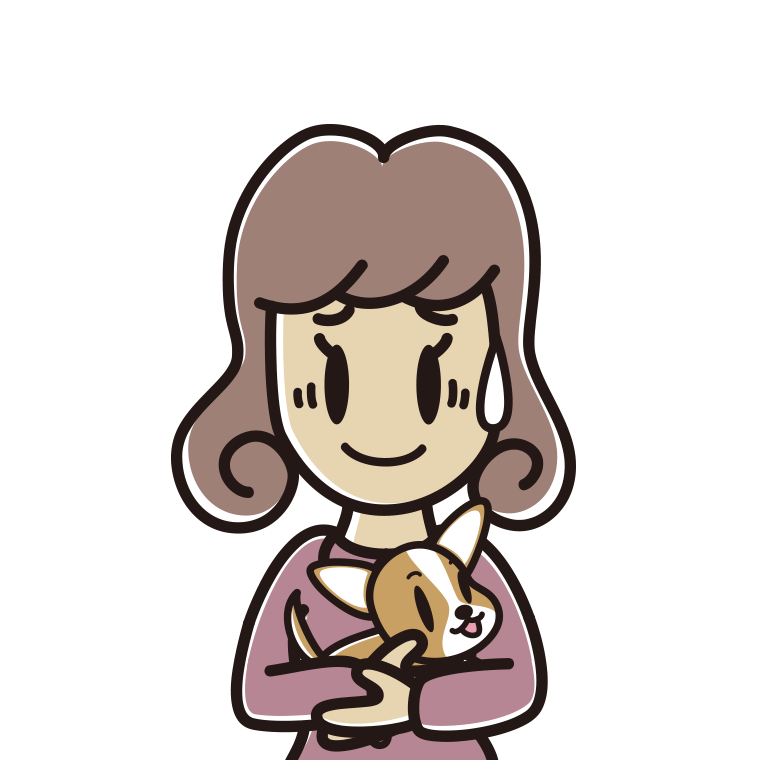 犬を抱いて苦笑いする女子大学生のイラスト【色あり、背景なし】透過PNG