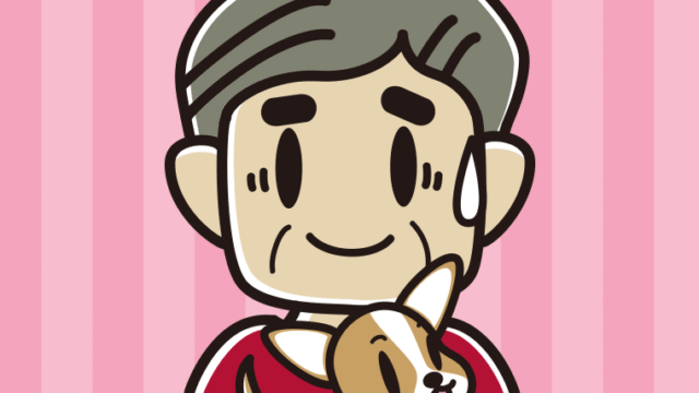 犬を抱いて苦笑いするおじさんのイラスト【色、背景あり】PNG