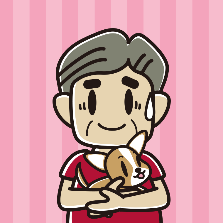 犬を抱いて苦笑いするおじさんのイラスト【色、背景あり】PNG