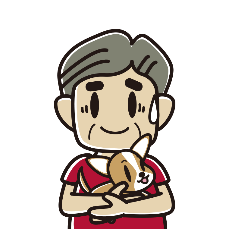 犬を抱いて苦笑いするおじさんのイラスト【色あり、背景なし】透過PNG