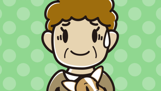 犬を抱いて苦笑いするおばさんのイラスト【色、背景あり】PNG