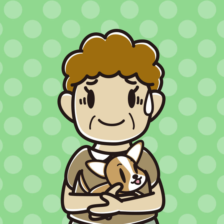 犬を抱いて苦笑いするおばさんのイラスト【色、背景あり】PNG