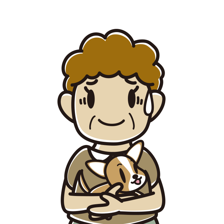 犬を抱いて苦笑いするおばさんのイラスト【色あり、背景なし】透過PNG