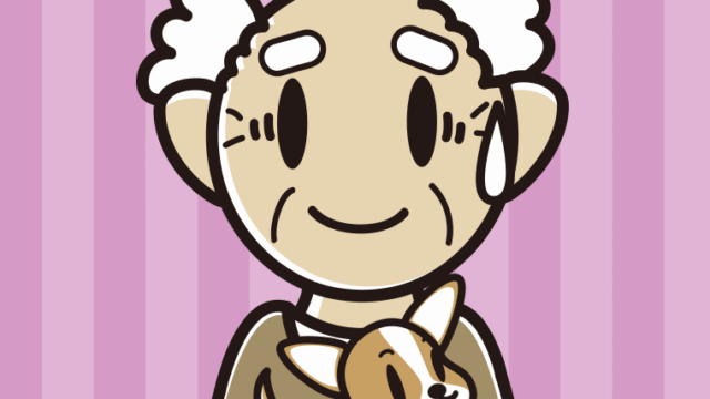 犬を抱いて苦笑いするおじいさんのイラスト【色、背景あり】PNG