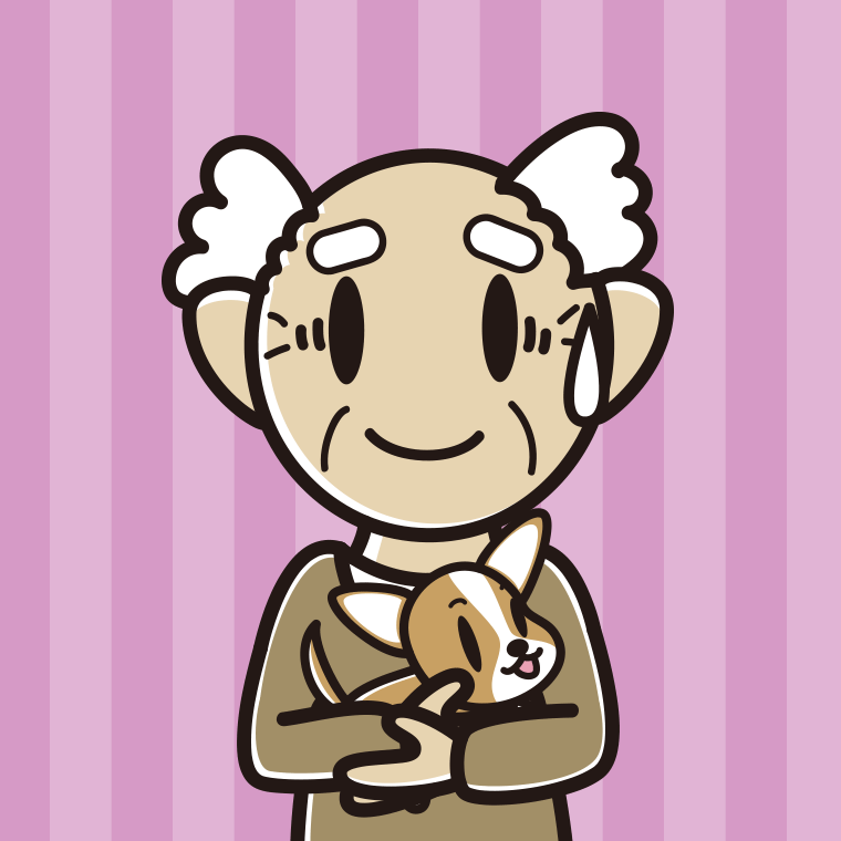 犬を抱いて苦笑いするおじいさんのイラスト【色、背景あり】PNG