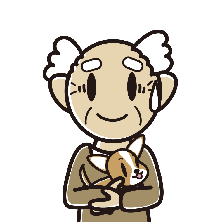 犬を抱いて苦笑いするおじいさんのイラスト【色あり、背景なし】透過PNG