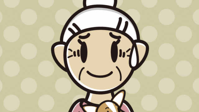 犬を抱いて苦笑いするおばあさんのイラスト【色、背景あり】PNG