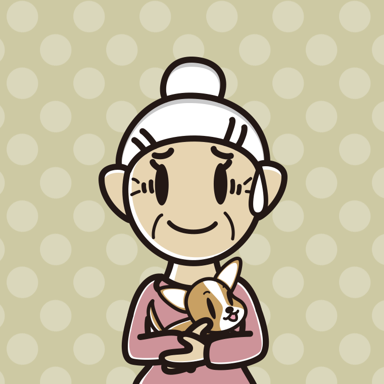 犬を抱いて苦笑いするおばあさんのイラスト【色、背景あり】PNG