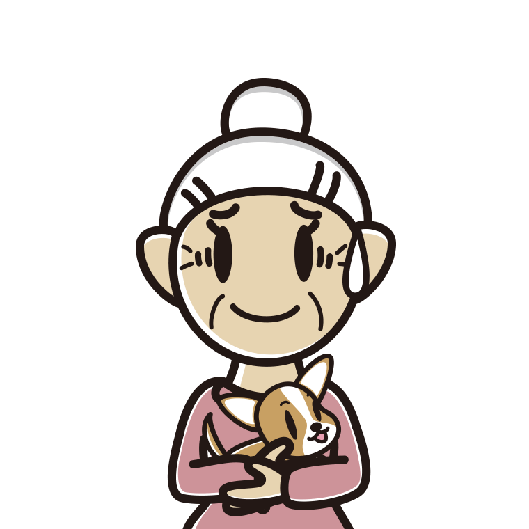 犬を抱いて苦笑いするおばあさんのイラスト【色あり、背景なし】透過PNG