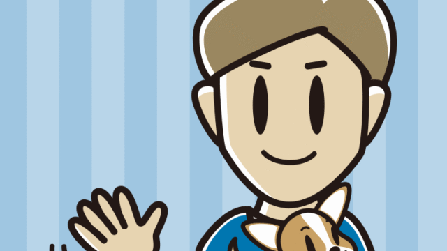 犬を抱いて手を振る男性のイラスト【色、背景あり】PNG