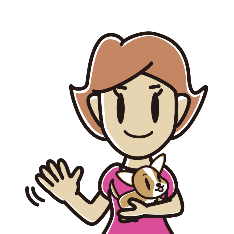 犬を抱いて手を振る女性のイラスト【色あり、背景なし】透過PNG