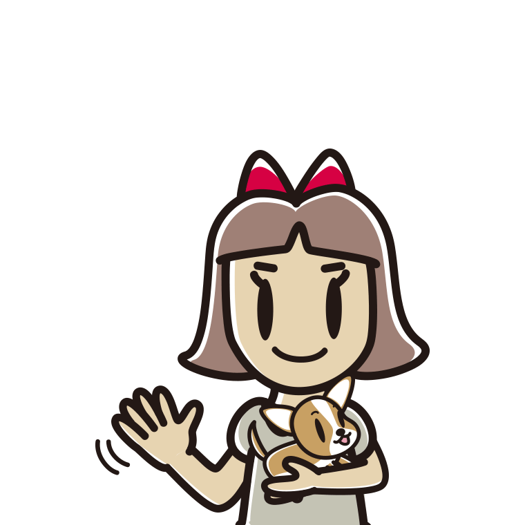 犬を抱いて手を振る小学生女子のイラスト【色あり、背景なし】透過PNG