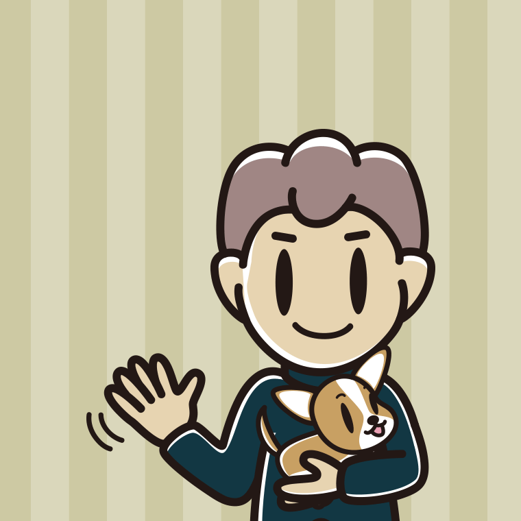 犬を抱いて手を振る男子中学生のイラスト【色、背景あり】PNG