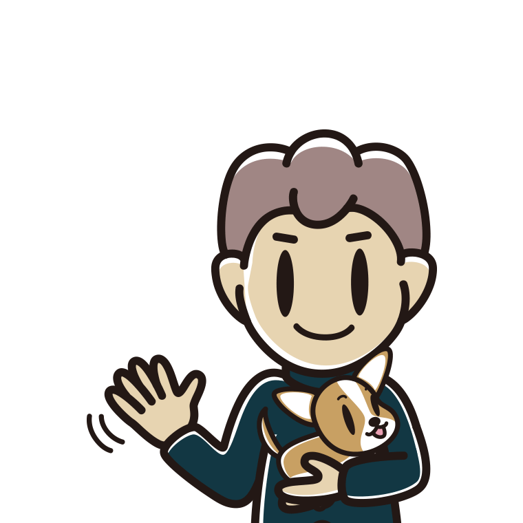 犬を抱いて手を振る男子中学生のイラスト【色あり、背景なし】透過PNG