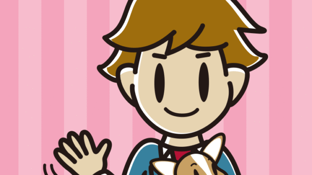 犬を抱いて手を振る男子高校生のイラスト【色、背景あり】PNG