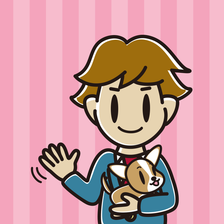 犬を抱いて手を振る男子高校生のイラスト【色、背景あり】PNG