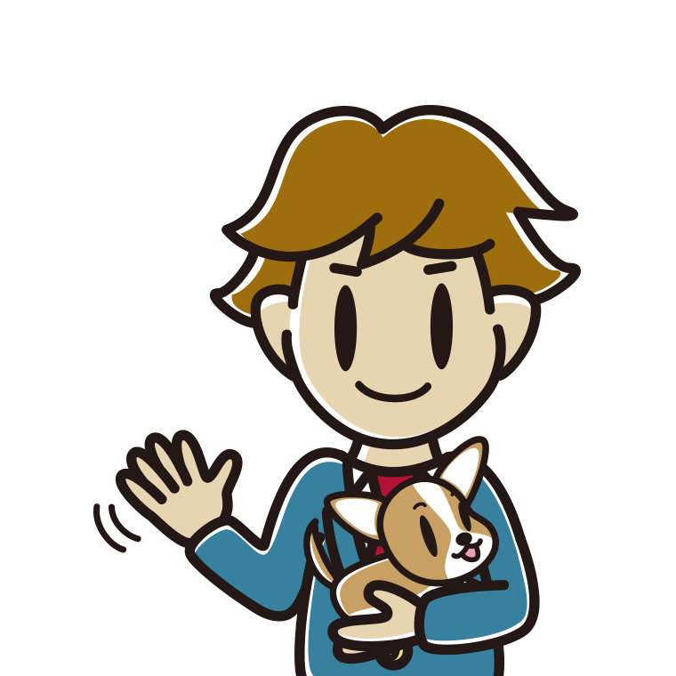 犬を抱いて手を振る男子高校生のイラスト【色あり、背景なし】透過PNG