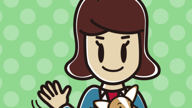 犬を抱いて手を振る女子高校生のイラスト【色、背景あり】PNG