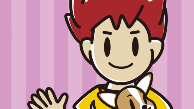 犬を抱いて手を振る男子大学生のイラスト【色、背景あり】PNG