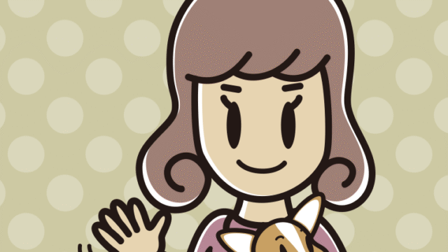 犬を抱いて手を振る女子大学生のイラスト【色、背景あり】PNG