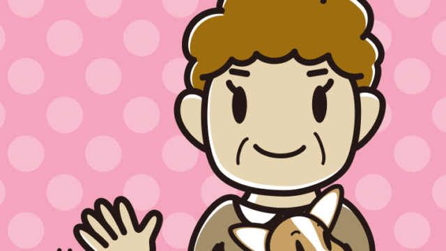 犬を抱いて手を振るおばさんのイラスト【色、背景あり】PNG