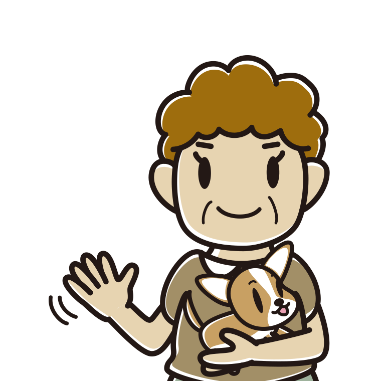 犬を抱いて手を振るおばさんのイラスト【色あり、背景なし】透過PNG