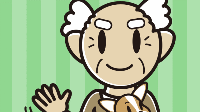 犬を抱いて手を振るおじいさんのイラスト【色、背景あり】PNG