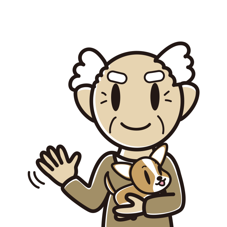 犬を抱いて手を振るおじいさんのイラスト【色あり、背景なし】透過PNG