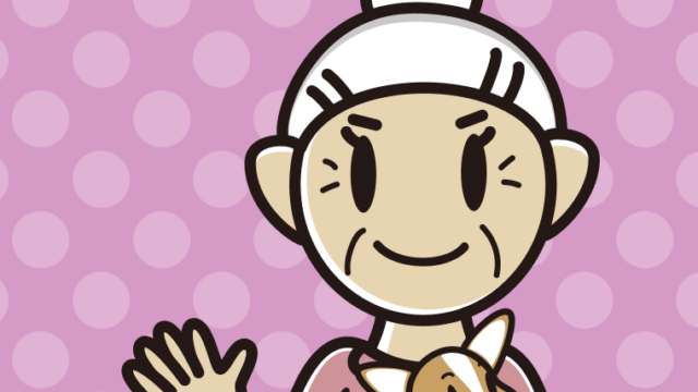 犬を抱いて手を振るおばあさんのイラスト【色、背景あり】PNG